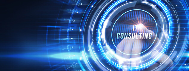 IT consultant presenting tag cloud about information technology.