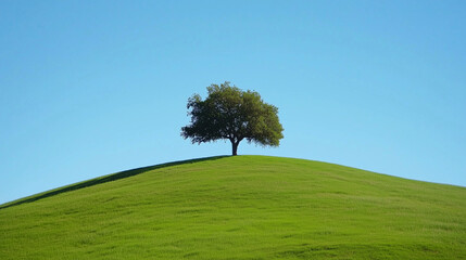 Samotne drzewo stoi na łagodnym zielonym wzgórzu, pod czystym błękitnym niebem.