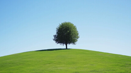 Obraz premium Samotne drzewo stoi na łagodnym zielonym wzgórzu, pod czystym błękitnym niebem.