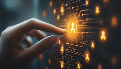 Manager hand selecting employee from digital recruitment database