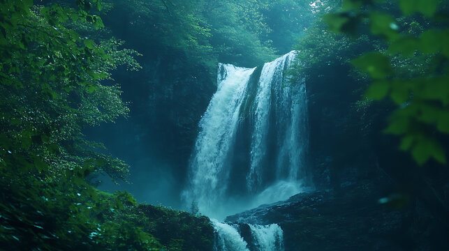A breathtaking waterfall scene framed by lush greenery, highlighting composition techniques for waterfall photography 