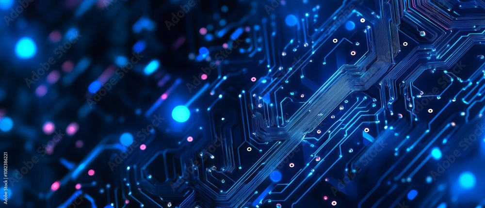 Poster futuristic quantum computing technology concept with blue circuit board background, flowing waves, a