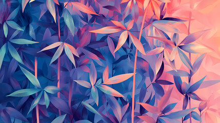 High angle background with stylized bamboo stalks and leaves, intricate details, harmonious color palette. Harmonious. Illustration