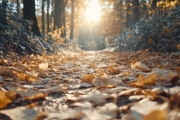 Forest path with autumn leaves glowing under golden sunlight, dense foliage and vibrant colors, late afternoon warmth, magical feel, medium close-up view 3