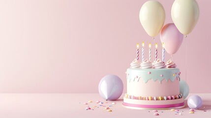 A pastel birthday cake with candles, balloons, and colorful confetti, perfect for celebrations.