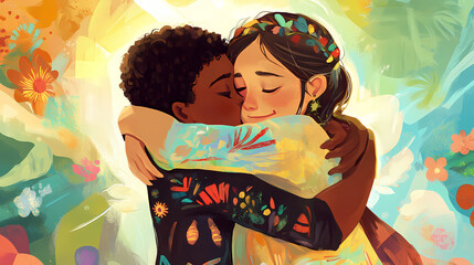Fototapeta premium Hugging day as a celebration of unity, depicted in an illustration that blends diverse cultures into a harmonious scene. Harmonious. Illustration