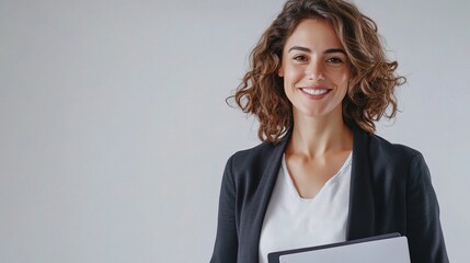 Obraz premium Cheerful Businesswoman in Professional Attire Standing Confidently with a Tablet in Hand against a Minimalist Background, Radiating Positivity and Professionalism