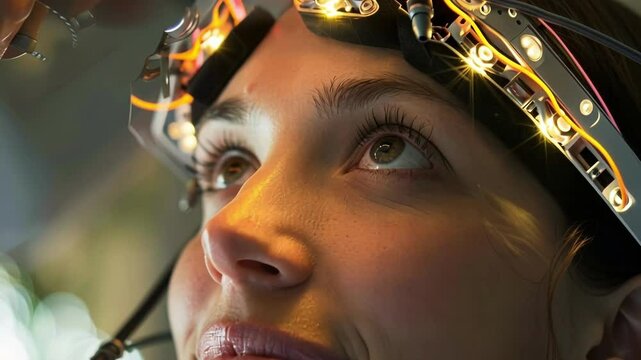 Scientist is adjusting a tms device on a young woman's head, preparing her for a non invasive brain stimulation therapy session