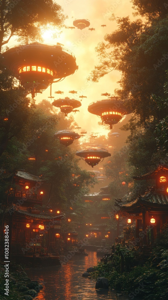 Poster Futuristic village with floating structures and glowing lights.