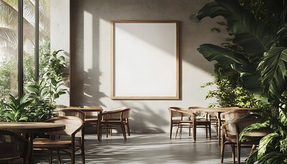 A serene cafe interior with plants and a blank frame, inviting relaxation and creativity.