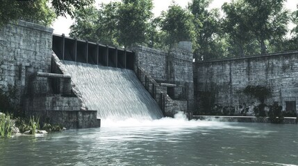 A serene water dam with flowing water surrounded by lush greenery.