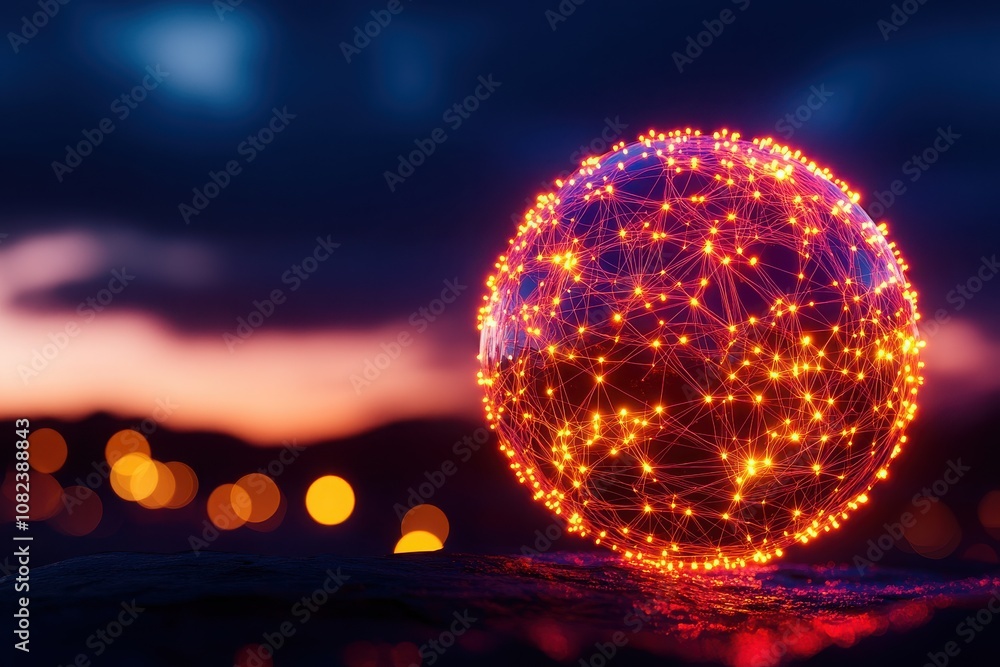 Poster a futuristic glowing sphere filled with interconnected lights representing digital connectivity and 