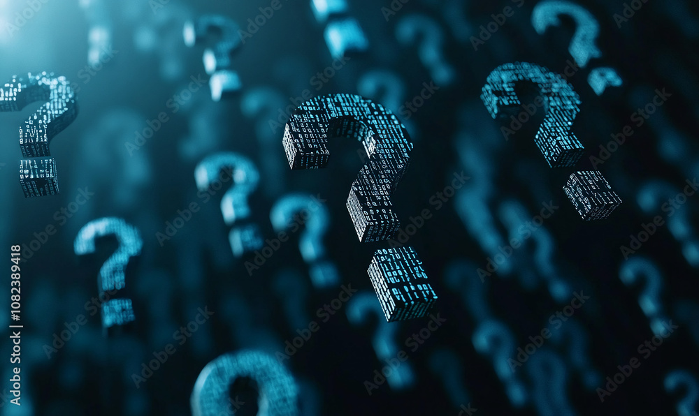 Poster Blue question marks composed of code float in a dark blue background