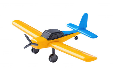 Colorful Miniature Yellow Airplane with Propellers & Landing Gear on Dark Background