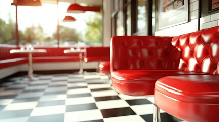 A retro-style diner with vibrant red booths illuminated by sunlight, featuring a classic checkered...