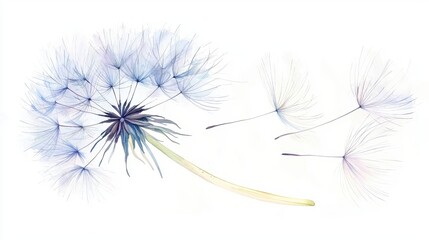 A delicate dandelion puff with wispy seeds dispersing elegantly into the air against a soft white background.
