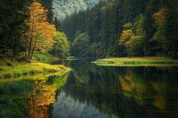 A stunning view of a river curving through a verdant forest, autumn colors reflecting in the water, late afternoon light casting a warm glow, panoramic shot 6