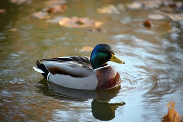 Obraz premium A colorful duck floating on a tranquil pond surrounded by fallen leaves and gentle ripples.