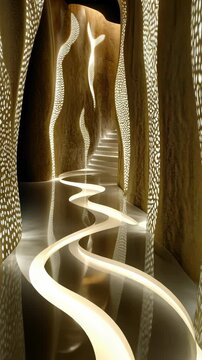 A winding pathway illuminated by soft lights leads up a set of stairs in a modern, minimalist building