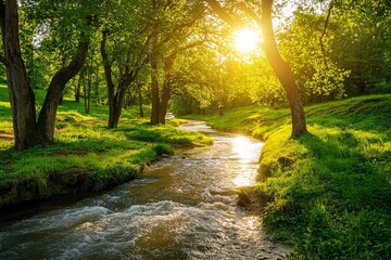 A picturesque view of a winding river meandering through a lush green forest, bright sunlight filtering through the trees, vibrant colors, mid-morning light, wide-angle shot 4