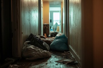 A hallway with trash bags spilling over onto the floor, harsh artificial light illuminating the mess, close-up of bags and scattered items on the ground 3
