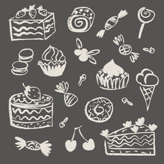 chalk drawing on a blackboard. collection of sweets and cakes. vector drawing. white lines on black background.