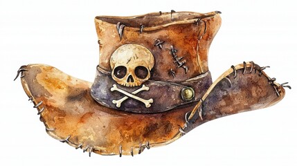 A detailed illustration of a vintage cowboy hat featuring a skull and crossbones design, ideal for pirate themes and costumes.
