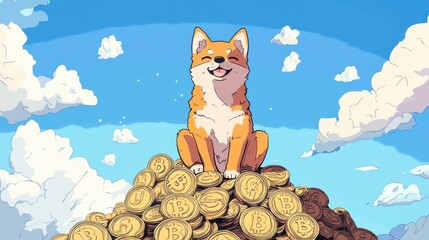 Doge coin celebration fantasy landscape cartoon style shiba inu joyful environment whimsical viewpoint
