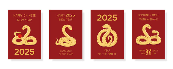 New Year 2025 cards set in red and gold colors. Chinese zodiac Snake symbol of the year. Lunar New Year concept. Template of cover,card,poster,flyer, banner. Vector illustration with snakes