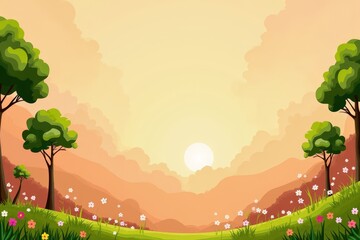 Cartoon landscape with sunset and flowering meadow