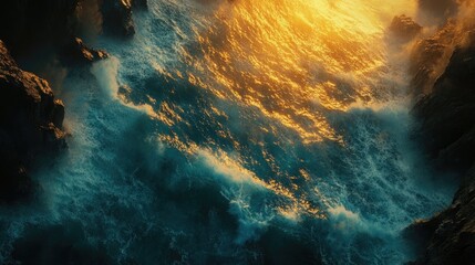 Obraz premium Aerial View of Crashing Waves on a Rocky Coastline with a Stunning Sunset Reflecting Over the Serene Blue Ocean, Ideal for Coastal Travel, Nature Adventures, and Scenic Photography Themes