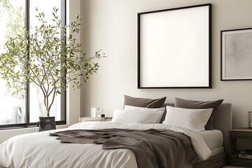 A serene bedroom with a minimalist design, featuring a bed, artwork, and a potted plant.