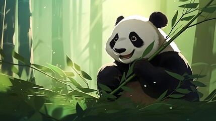 Cute Panda Eating Bamboo in a Lush Forest