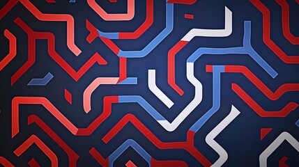 Abstract design featuring intertwining red, white, and blue lines on a dark background.