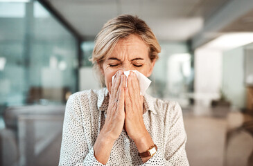 Blowing nose, tissue and sick business woman in office with infection, flu symptoms and virus....