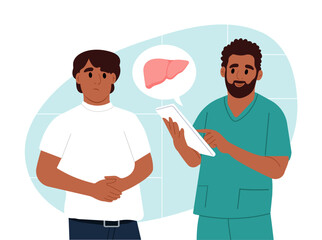 Doctor talks to a patient about hepatitis. Diagnosis and treatment of liver diseases. July is hepatitis awareness month. Consultation of a gastroenterologist. Vector illustration in flat style