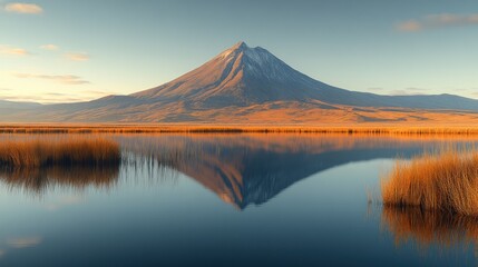 Fototapeta premium Serene mountain reflection in calm waters at sunrise.