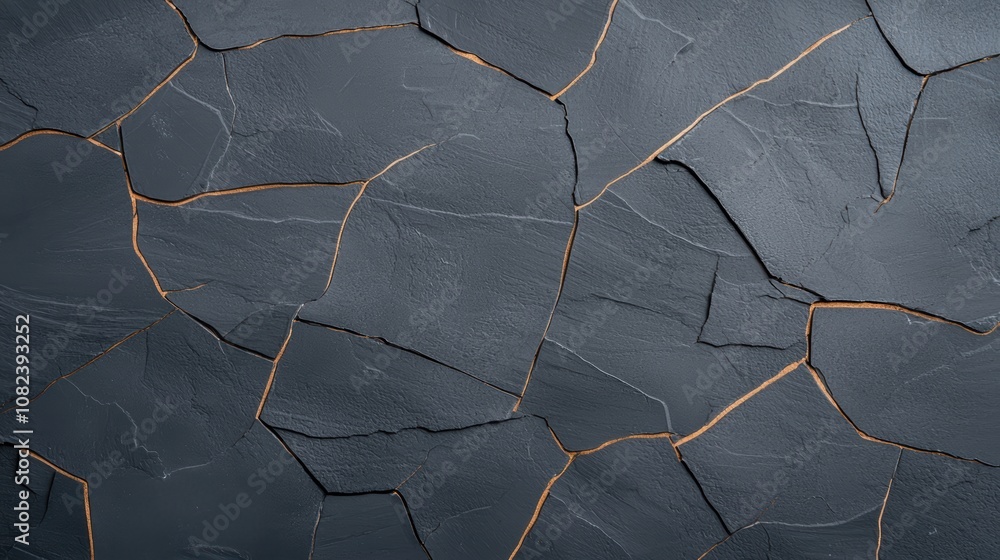 Poster a textured surface featuring dark gray tones with visible cracks and golden accents, creating an art