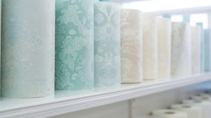 Rolls of wallpaper on a showcase in store