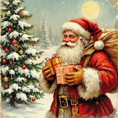 Vintage Painted Christmas Post Card with Happy Traditional Santa Claus Holding Bag of Gifts, XMAS Greeting
