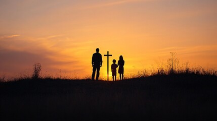 A family stands together at sunset in front of a cross on a hill, symbolizing faith and unity