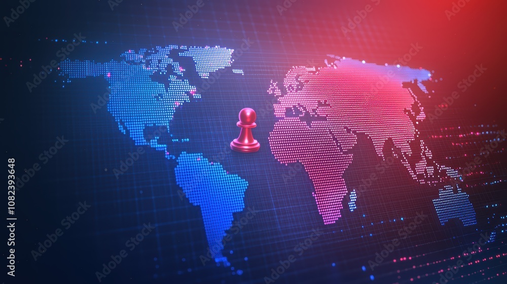 Poster a digital world map highlighted in blue and red with a prominent red pin icon symbolizing location o