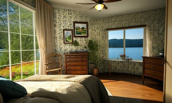 Modern interior design in a floating home on a rocky outcrop, featuring aerodynamic furniture and a breathtaking view of a serene valley and distant mountains