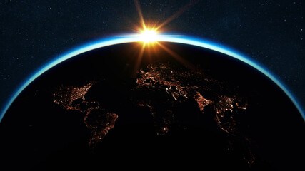 Amazing night planet earth with all continents in the starry sky with dawn rays of the sun. Light of night megacities and cities