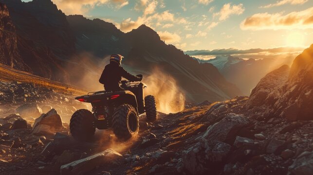 Electric Quad Bike Adventure on Rocky Mountain Trail at Golden Sunrise