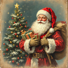 Vintage Painted Christmas Post Card with Happy Traditional Santa Claus Holding Bag of Gifts, XMAS Greeting