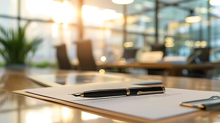 Fototapeta premium A sleek pen rests on a document in a modern office setting, illuminated by natural light.