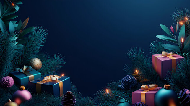 Christmas banner blank space text santa claus celebrate giftboxes green background clipart Christmas ornament , A dark blue background with a medium-sized Christmas tree and a few gift boxes 