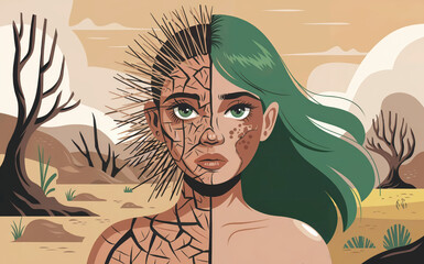 Concept of climate change on the Earth that presents like woman divided on two parts, green on one, dry and cracked on another 