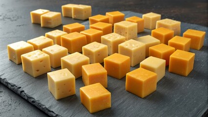 Colorful 3D Rendering of Diced Cheese on Slate Surface